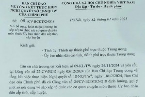 Công văn số 05/CV-BCĐTKNQ18 ngày 12/01/2025 của Ban Chỉ đạo về tổng kết thực hiện Nghị quyết số 18-NQ/TW của Chính phủ về bổ sung, hoàn thiện phương án sắp xếp tổ chức các cơ quan chuyên môn thuộc UBND cấp tỉnh, cấp huyện