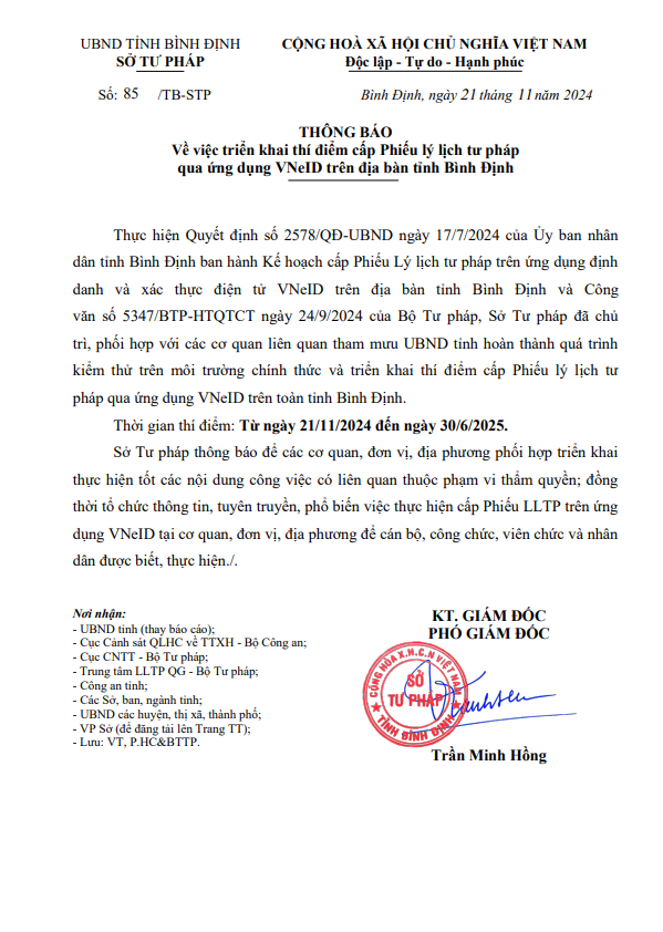 Thông báo Về việc triển khai thí điểm cấp Phiếu lý lịch tư pháp qua ứng dụng VNeID trên địa bàn tỉnh Bình Định