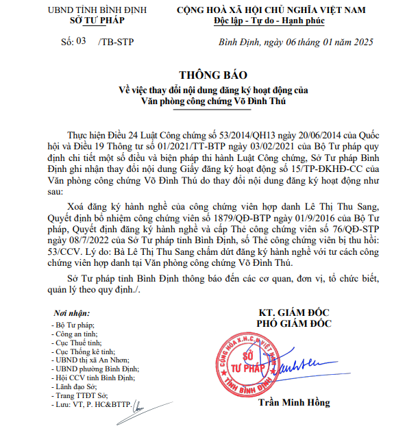 Thông báo Về việc thay đổi nội dung đăng ký hoạt động của Văn phòng công chứng Võ Đình Thú