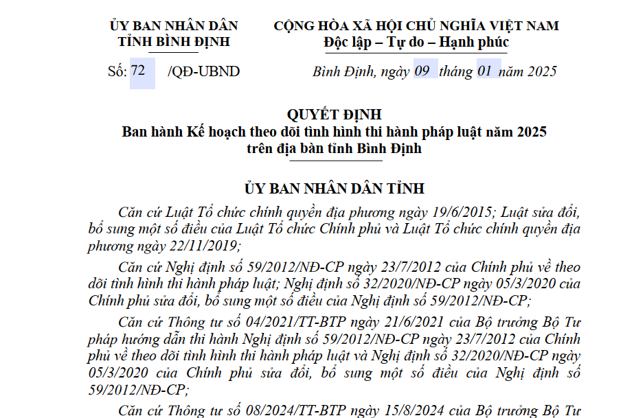 Bình Định ban hành Kế hoạch theo dõi tình hình thi hành pháp luật năm 2025