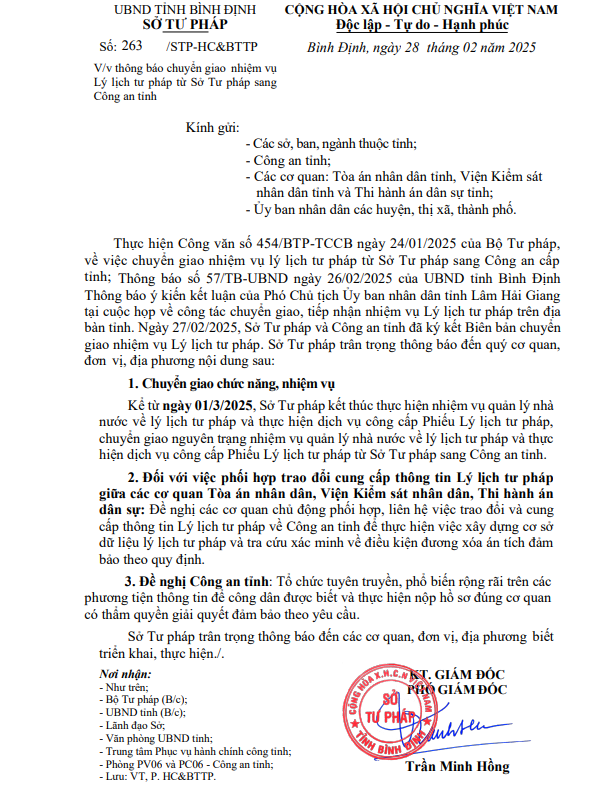 Thông báo chuyển giao nhiệm vụ Lý lịch tư pháp từ Sở Tư pháp sang Công an tỉnh